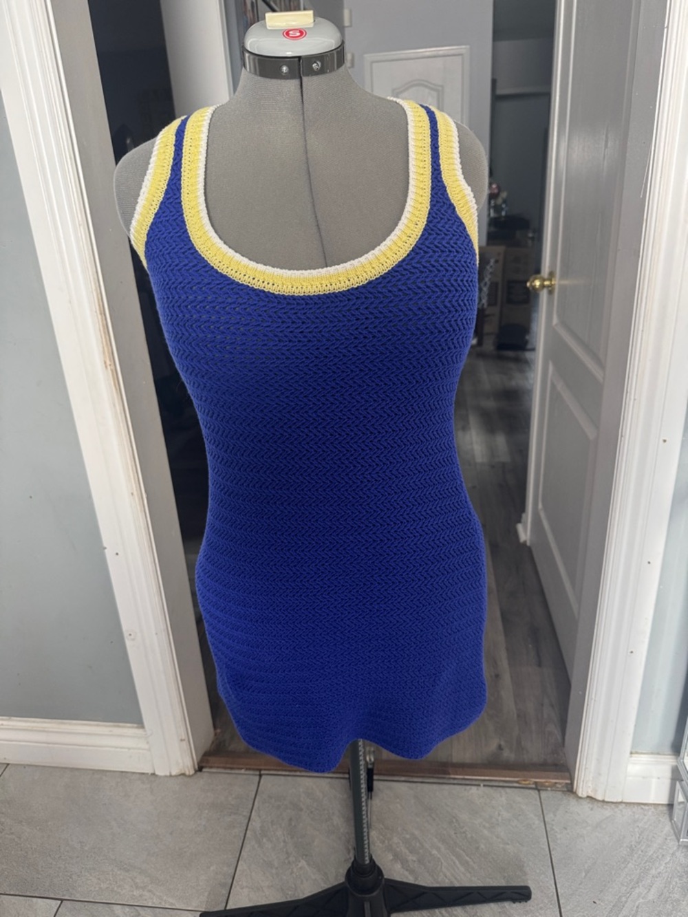 Spiritual Gangster Blue Knit Tank Dress with Yellow Trim